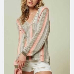 O'Neill Campfire Yarn Dyed Stripe V Neck Pullover Hooded Sweater Medium